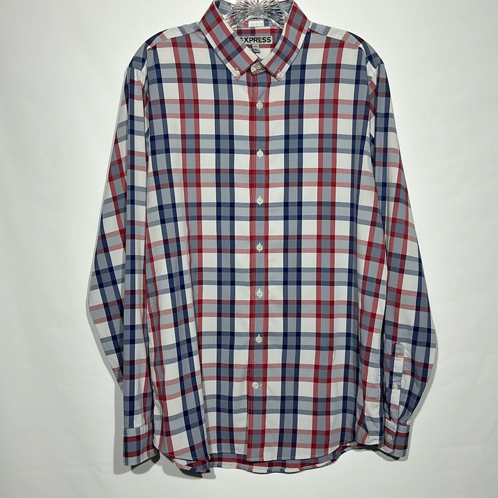 Express Plaid Fitted Shirt Men’s L 16-16 1/2 Blue/Red Check Long Sleeve